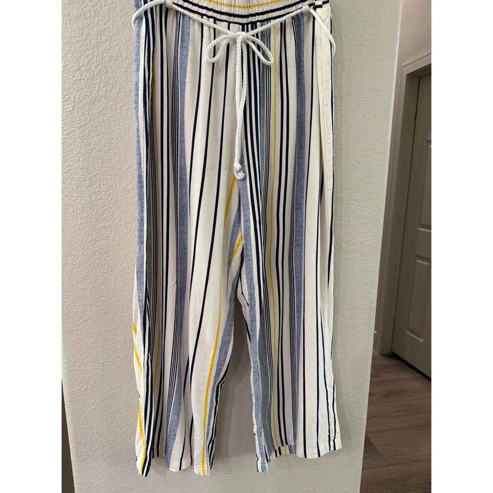 Modern Attraction Striped Linen Blend Wide Leg Crop Pants Blue Yellow XL